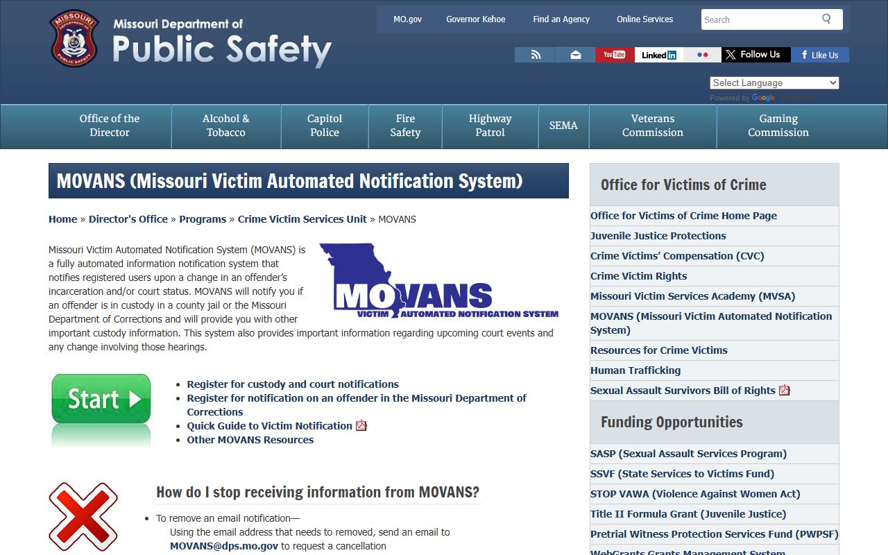 Dent County inmate search Missouri MOVANS custody notification source