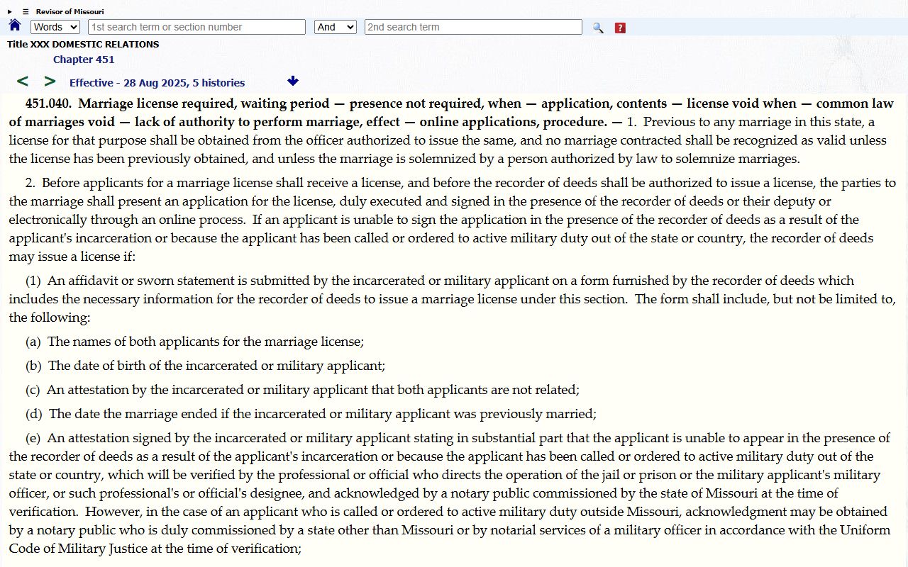 Dent County marriage records Missouri marriage license statute