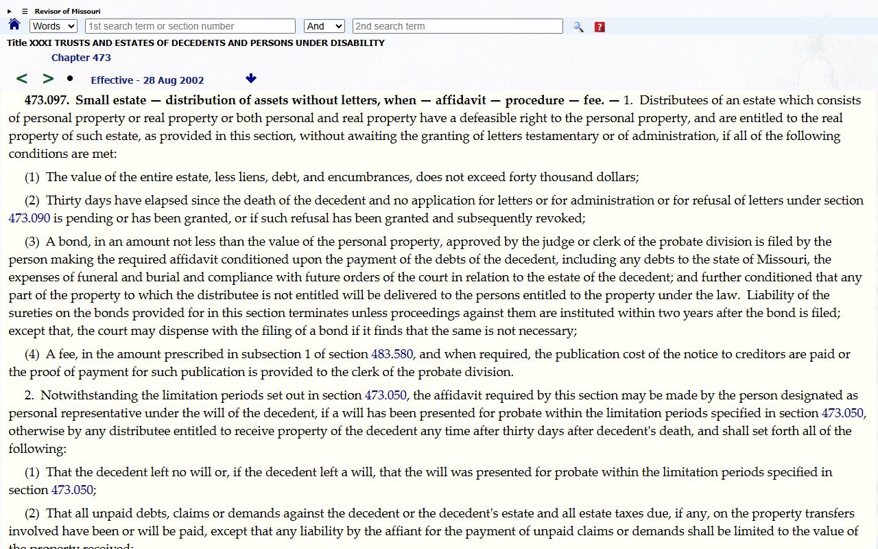 Dent County probate records Missouri small-estate affidavit statute