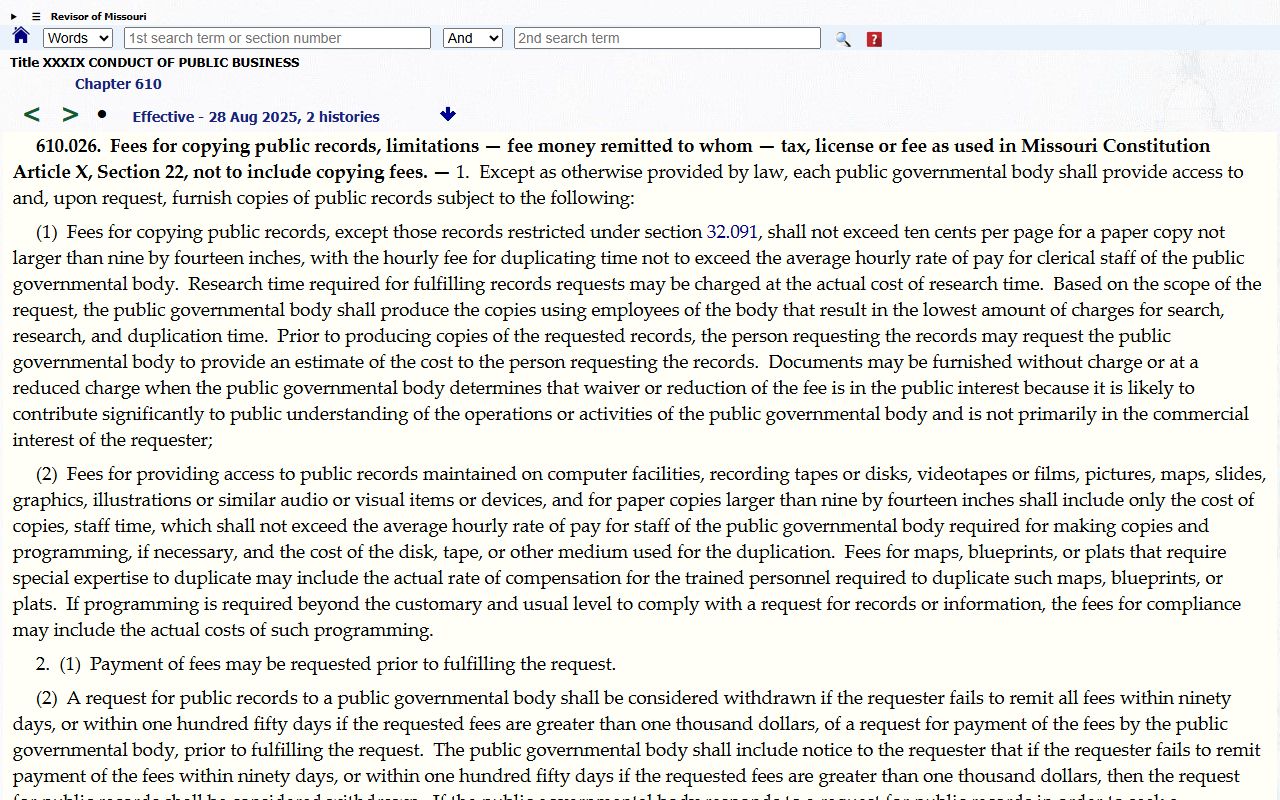 Dent County warrant search Missouri public records fee statute source